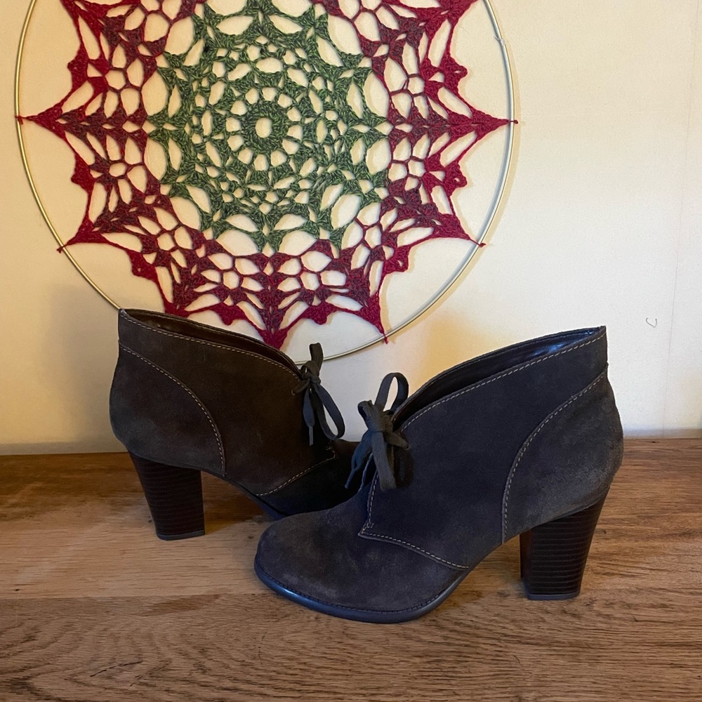 Chocolate brown suede booties with lace front.